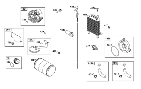 Lubrication Group Diagram and Parts List for 543477-0017-J1 400000 - 699999 Briggs and Stratton Engine